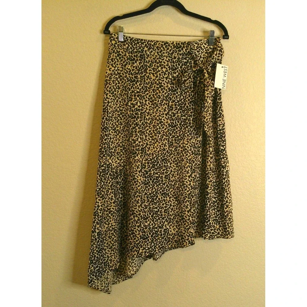 Nine West Womens Large Leopard Animal Print Asymmetrical Side Zip Skirt‎ NEW